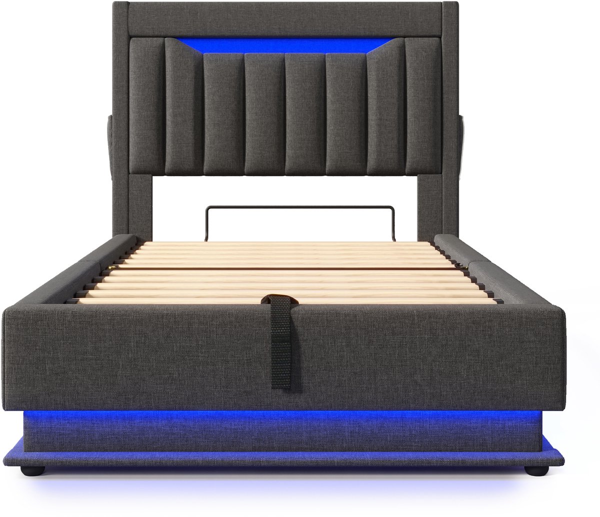 COVREO Bed met opbergruimte – 90x200 cm – Eenpersoons bedframe met Type-C en LED – met hoofdbord – Grijs - zonder matras