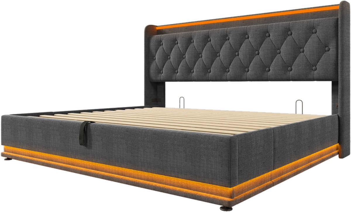 COVREO Bed 180x200 cm grijs, stof met LED en hydraulische opbergruimte
