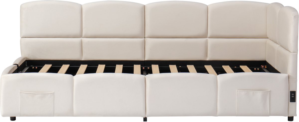 COVREO Slaapbank met opbergruimte – 90x200 cm – Bedbank met USB en zijtas – Eenpersoonsbed met lattenbodem – Beige - zonder matras