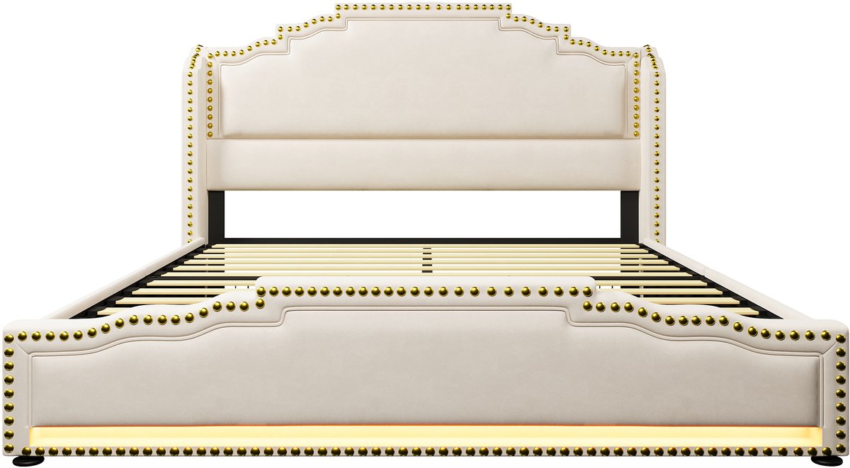 COVREO Bedframe 140x200 cm beige, 4 laden, LED, stof, zonder matras