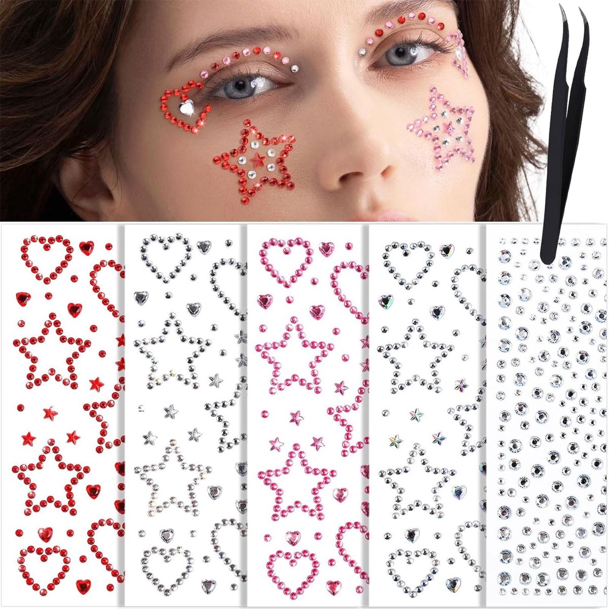 Dailygoods- Gezichtsstenen Set van 5 Vellen - Zelfklevende Haarstenen - Festival Juweel Stickers - Sterrenhart/Juwelen - Kleurrijke Strass Stickers - Inclusief Pincet - Gezichtsieraden