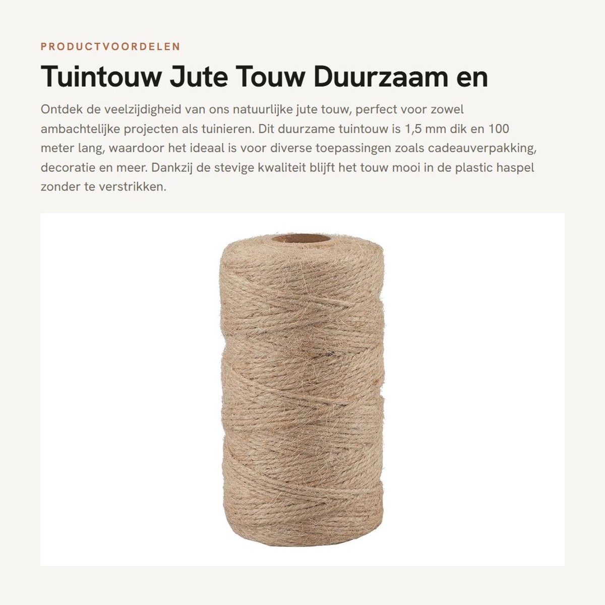 Dailygoods- Tuintouw 100m - Jute Touw 1,5 mm - Duurzaam Bindtouw - Ambachten - Geschenkverpakking - Tuinieren