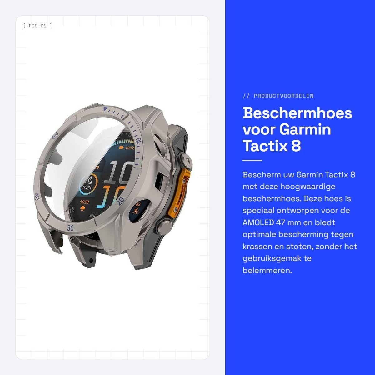 Dailygoods - Beschermhoes voor Garmin Tactix 8 met Glasfolie en Kunststof Frame