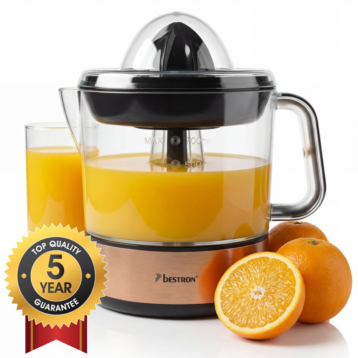 Bol.com Bestron Citruspers Elektrisch - ACJ350CO - 40W - Incl. 2 perskegels, aromadeksel, sap reservoir - 0,7 Liter - Koper - 5 ... aanbieding