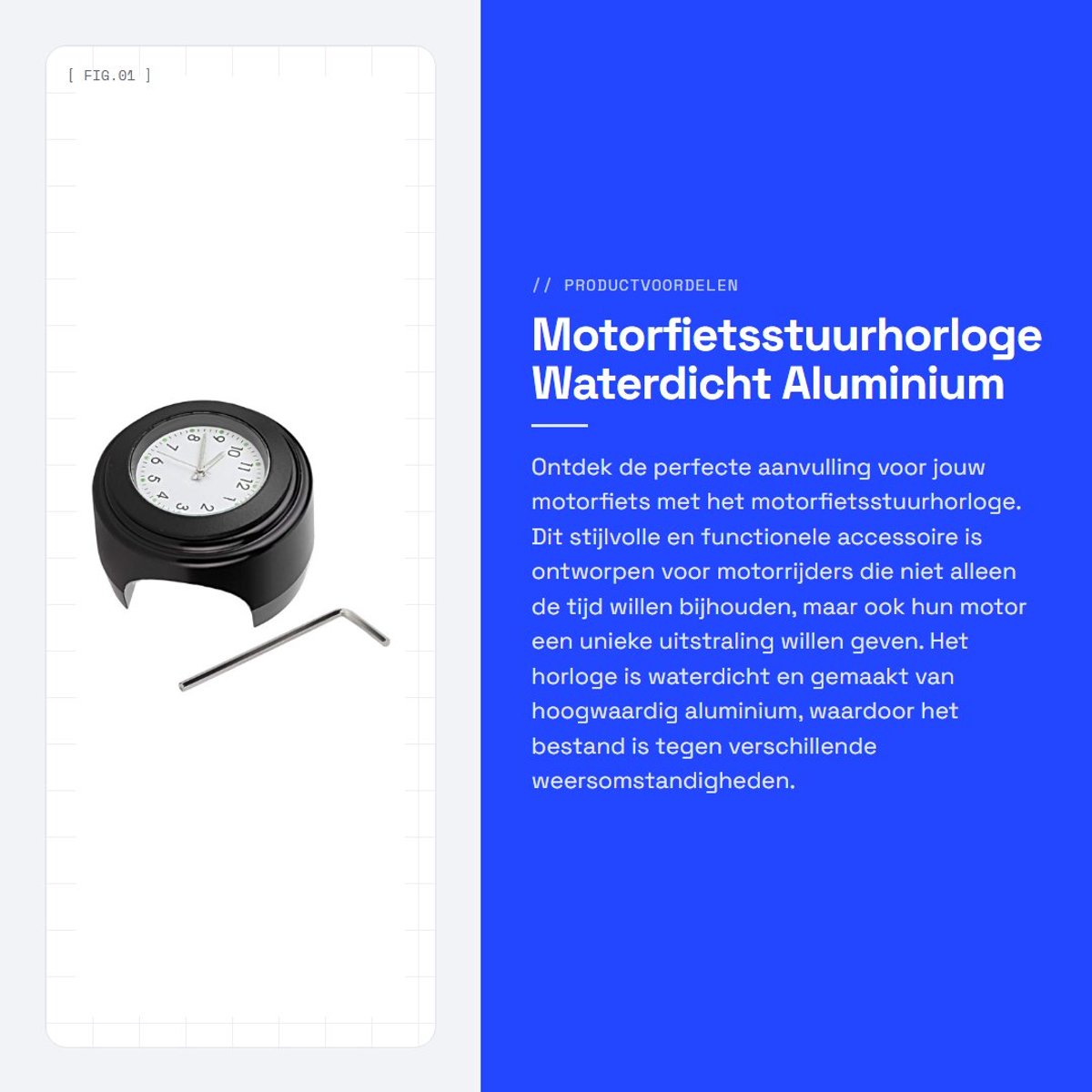 Dailygoods- Motorfietsstuurhorloge Waterdicht - Kwartshorloge - Aluminium - Accessoires - 7/8 Inch Montage - Zwart/Wit Wijzerplaat - Motorhorloge