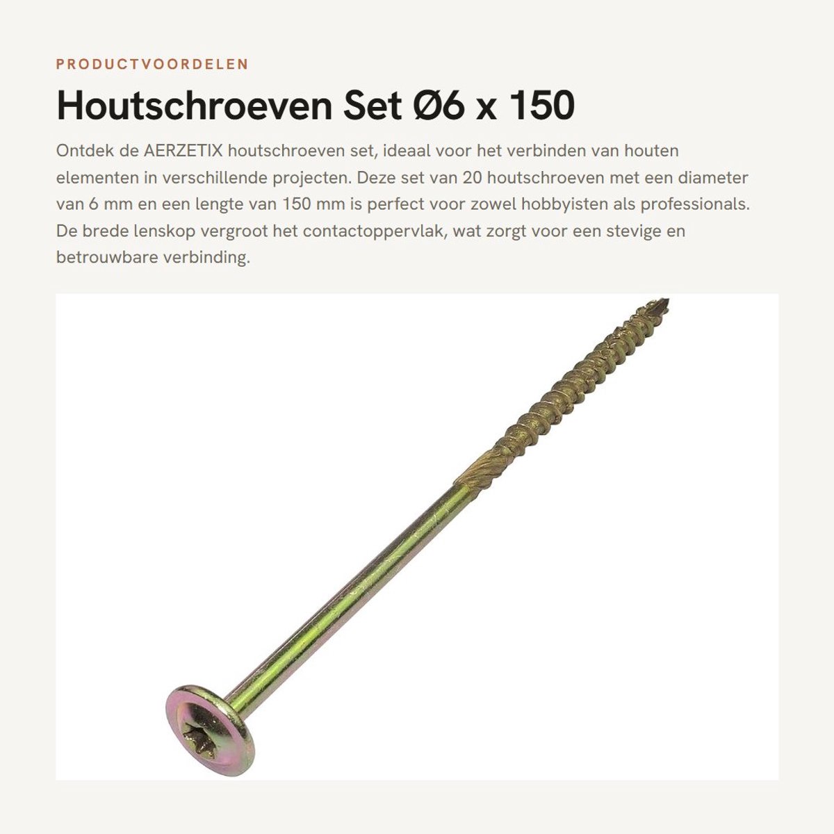 Dailygoods- Houtschroeven Set van 20 - Ø6 x 150 mm - Brede Lenskop - Steraandrijving T30 - Messing Staal - Antisplijting - Schroeven