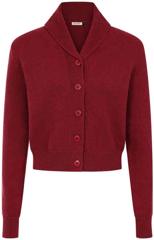 Avant d'un cardigan court bordeaux à boutons et col châle.