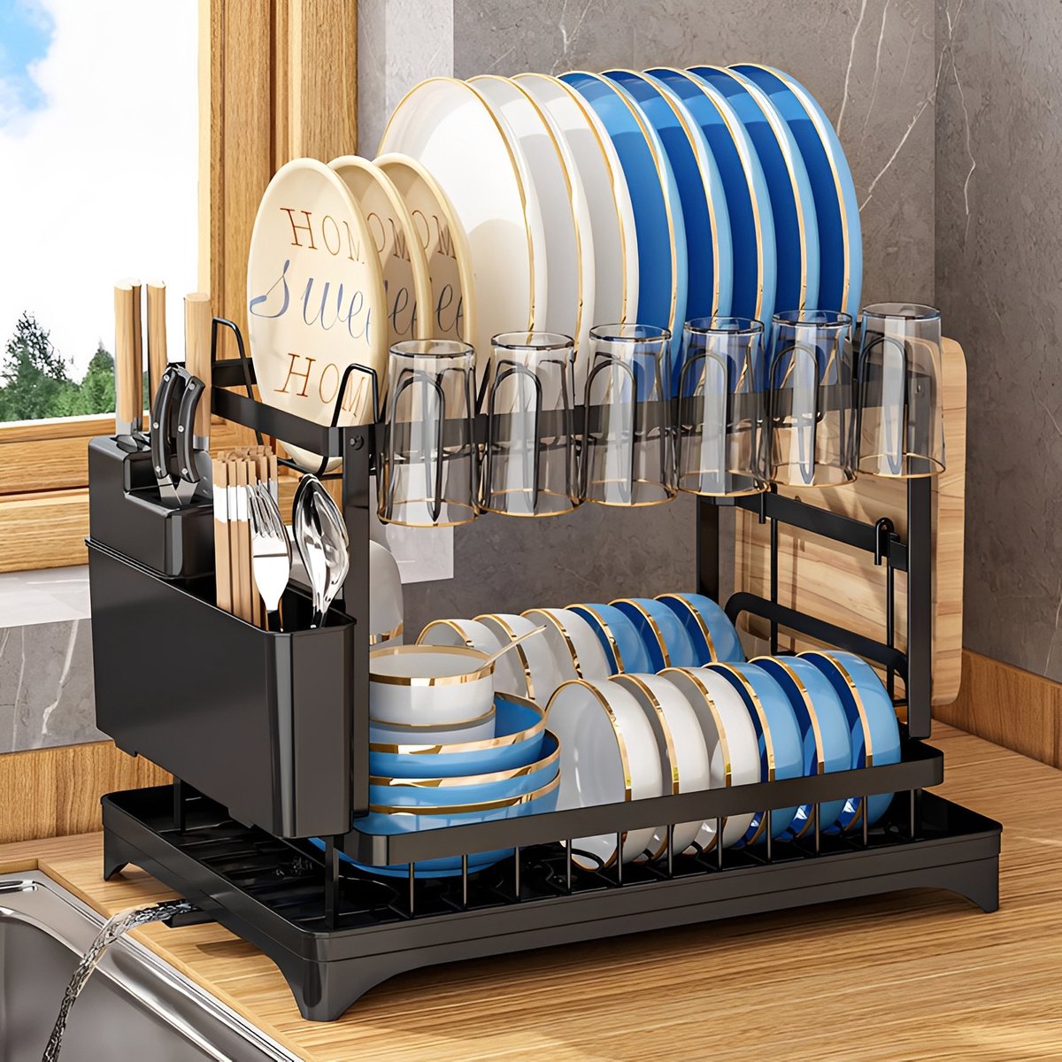 Lemonmax Afdruiprek 2-laags - Vaatrek afwasrek met draaibare waterafvoer en bestekhouder - Voor keuken aanrecht - 42x29x29 cm - Zwart