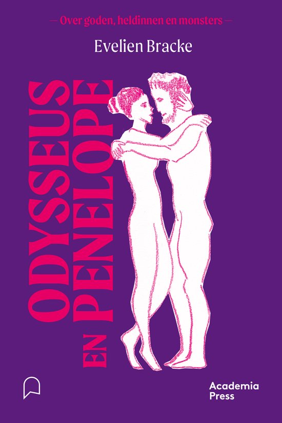 Boek 'Odysseus en Penelope' met een tekening van een man en vrouw die elkaar omhelzen, met de titel in paarse letters.
