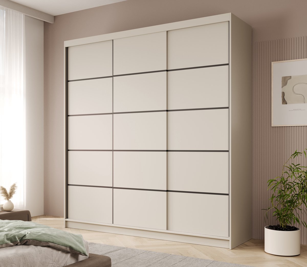 AJE Meubles B.V. Tagra schuifdeurkast 200 cm – kledingkast in kasjmier met 3 schuifdeuren, 11 legplanken en kledingroedes – 200x215x58 cm – Kasjmier