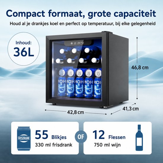 Norvia - Drankenkoelkast - Mini Koelkast - Glazen Deur - 55 Blikjes - Verstelbare Planken - Zwart - 4-16 °C - LED Verlichting van Norvia — afbeelding 2
