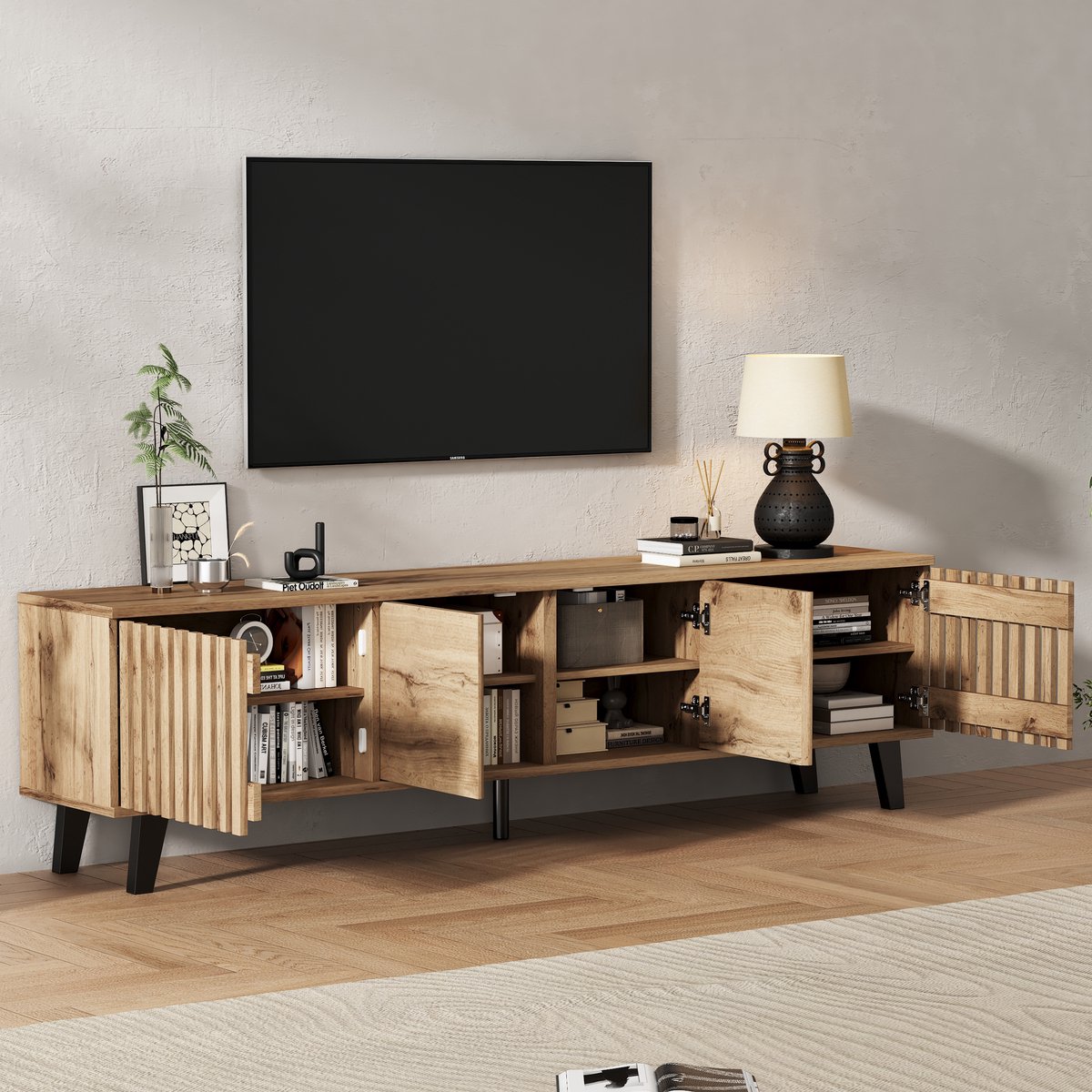 DESMIU Tv Meubel - Met 8 Opbergvakken En 4 Deuren - Voor Woonkamer En Televisies Tot 70 Inch - Spaanplaat En PVC - 180x40x55 Cm - Naturel Hout