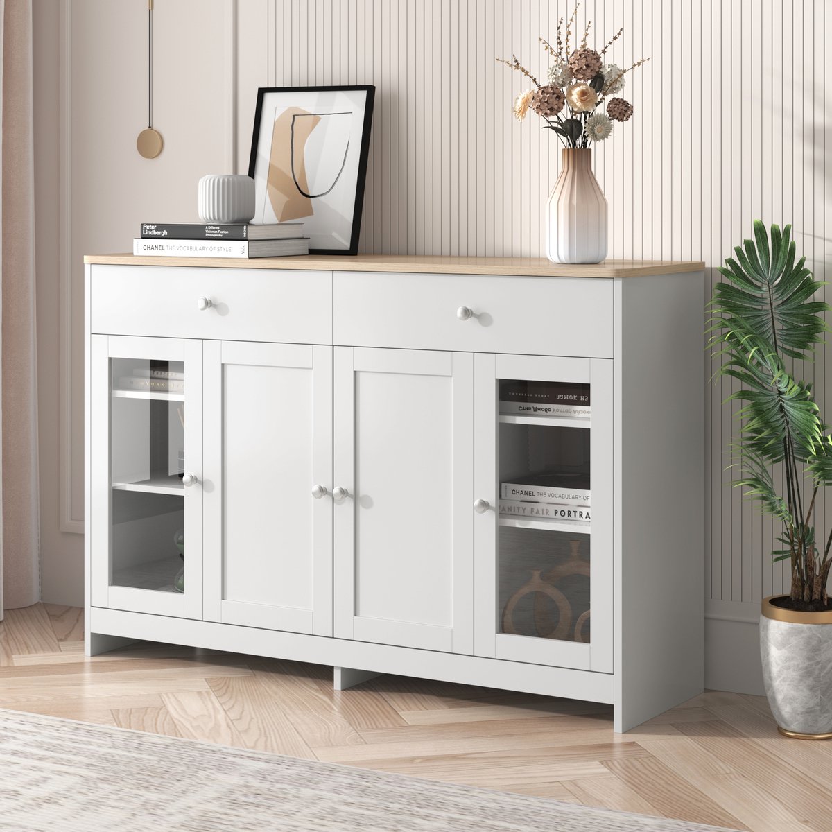 DESMIU Dressoir - Landelijke Opbergkast Met 4 Deuren En 2 Laden - Voor Woonkamer En Eetkamer - MDF In Wit En Houtkleur - 120x37x80 Cm
