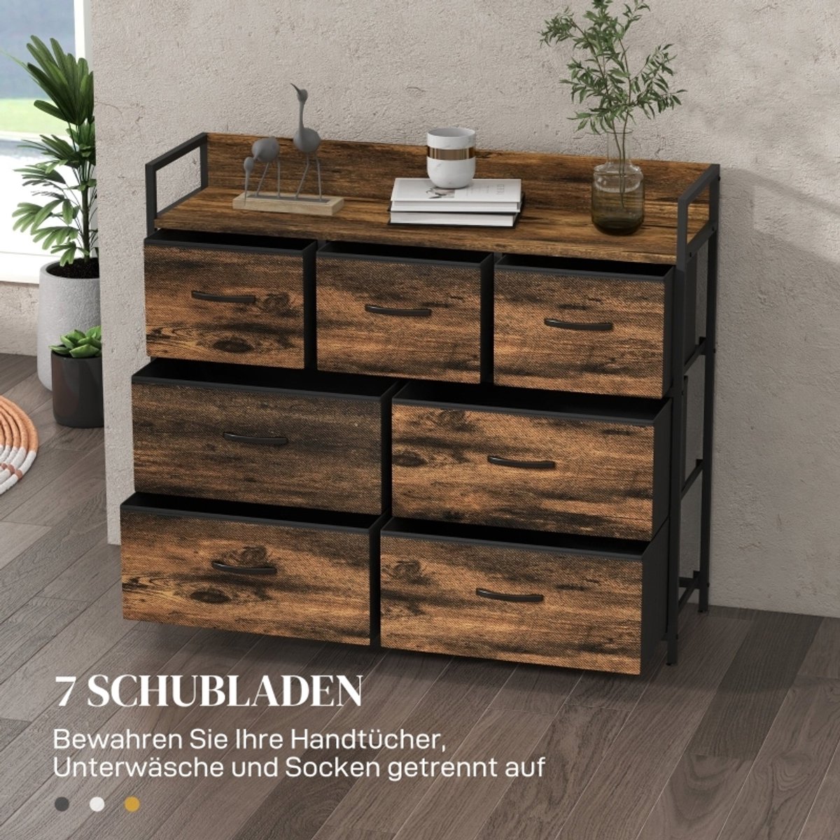 DESMIU Ladekast - Met Zeven Stoffen Lades En Bovenblad - Voor Woonkamer En Slaapkamer - Polyester En Staal - 98x29x85 Cm - Bruin