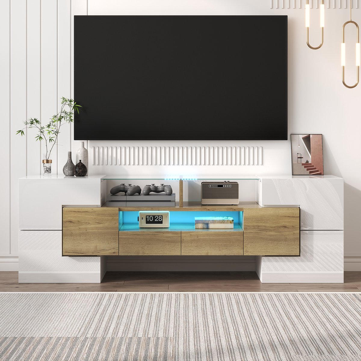 DESMIU Televisiemeubel - Hoogglans Design Met Ledverlichting En Veel Opbergruimte - Voor Woonkamer - Wit En Goudkleurig - 145x30x51 Cm Wit + Goud