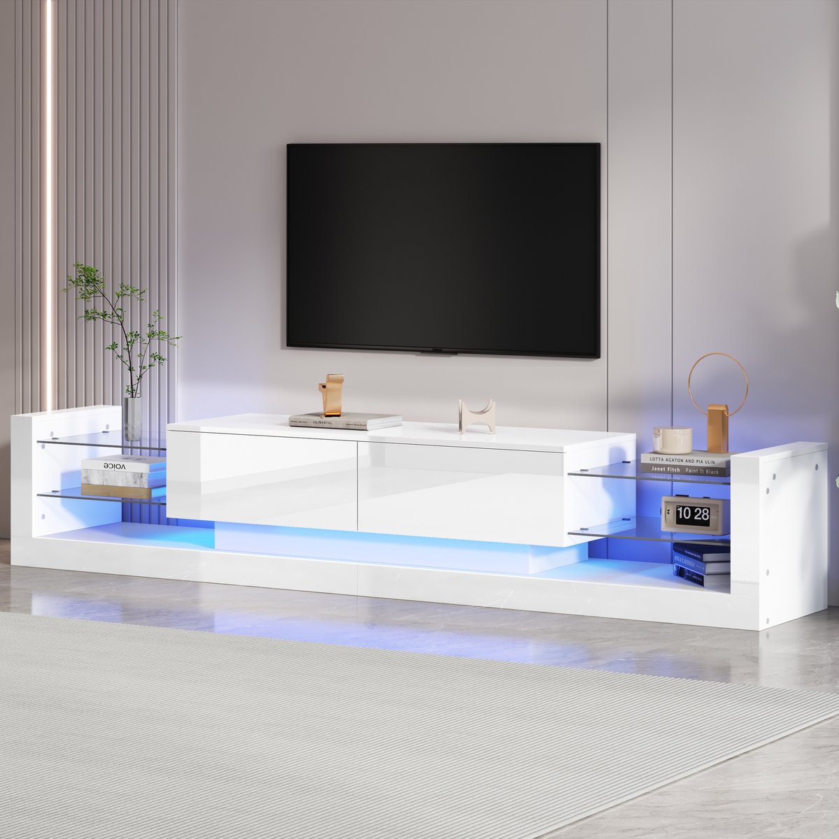 DESMIU Tv Meubel - Hoogglans Kast Met Ledverlichting En Klepvakken - Voor Woonkamer En Televisies Tot 80 Inch - Spaanplaat - 181x38x38 Cm - Wit