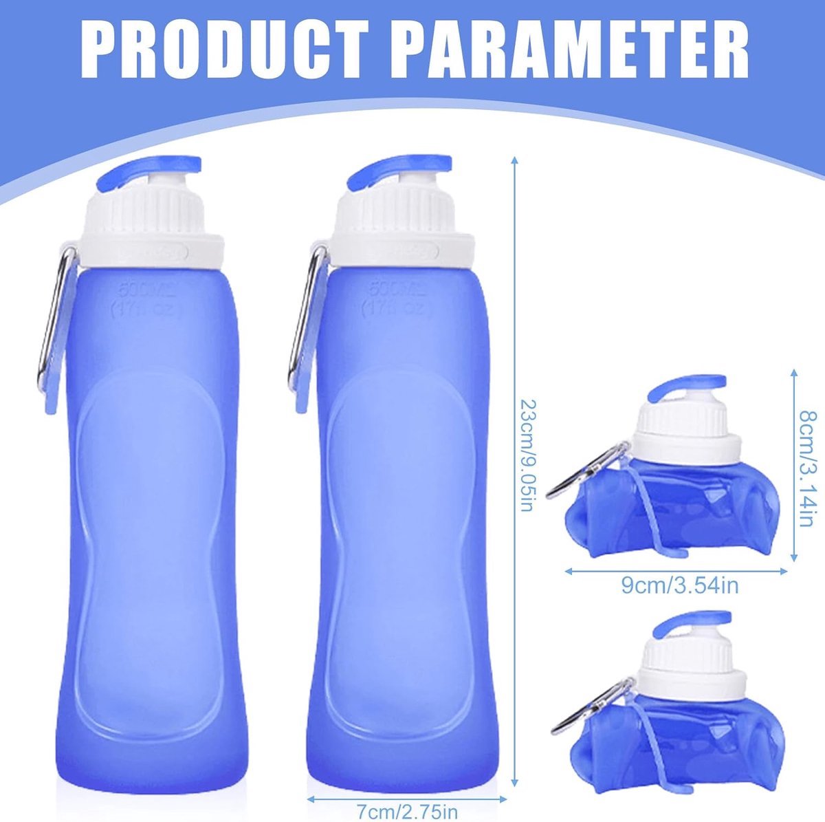 2 Stuks - 500 Ml - Drinkfles - Met Karabijnhaak - Waterzak - Duurzaam - Siliconen - Opvouwbaar - Bpa Vrij - Geschikt Voor Sportschool, Yoga, Hardlopen, Sporten, Fietsen - Blauw, Transparant — cadeau in Sport & Outdoor - foto 4