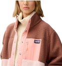 Bruine fleece jas met roze en lichte roze panelen en ritsvak.