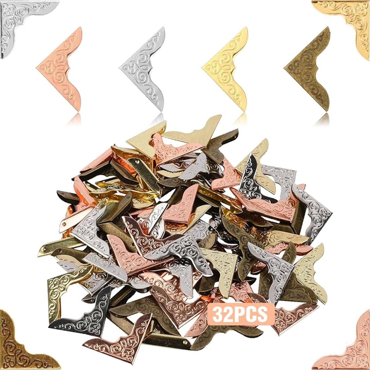 Dailygoods- Hoekbescherming Vintage - 32 Stuks - Metalen Beschermhoeken - Waterdicht - Robuust - Universele Maat 23x23mm - Boekensteunen