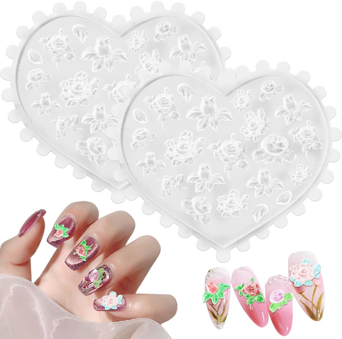 Dailygoods- Nagelkunst Mal Hartvorm - 2 Stuks Siliconen Mal - 3D Nail Art Mallen - Roos/Pioenroos - Gebruiksvriendelijk - Hoge Kwaliteit - Nail Art Mold