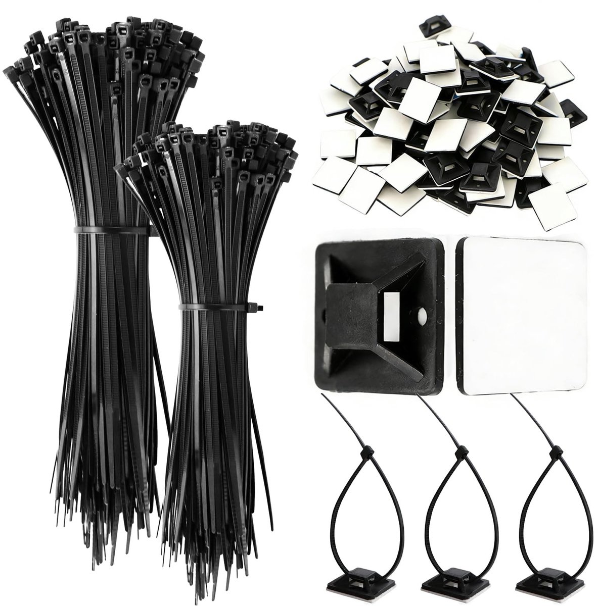Dailygoods- Kabelbinders Set 200 Stuks - Zelfklevende Bevestigingen - 120mm/150mm Ritsbanden - Organiser - Rubber Basisstoelen - Eenvoudig te Gebruiken - Kabelmanagement