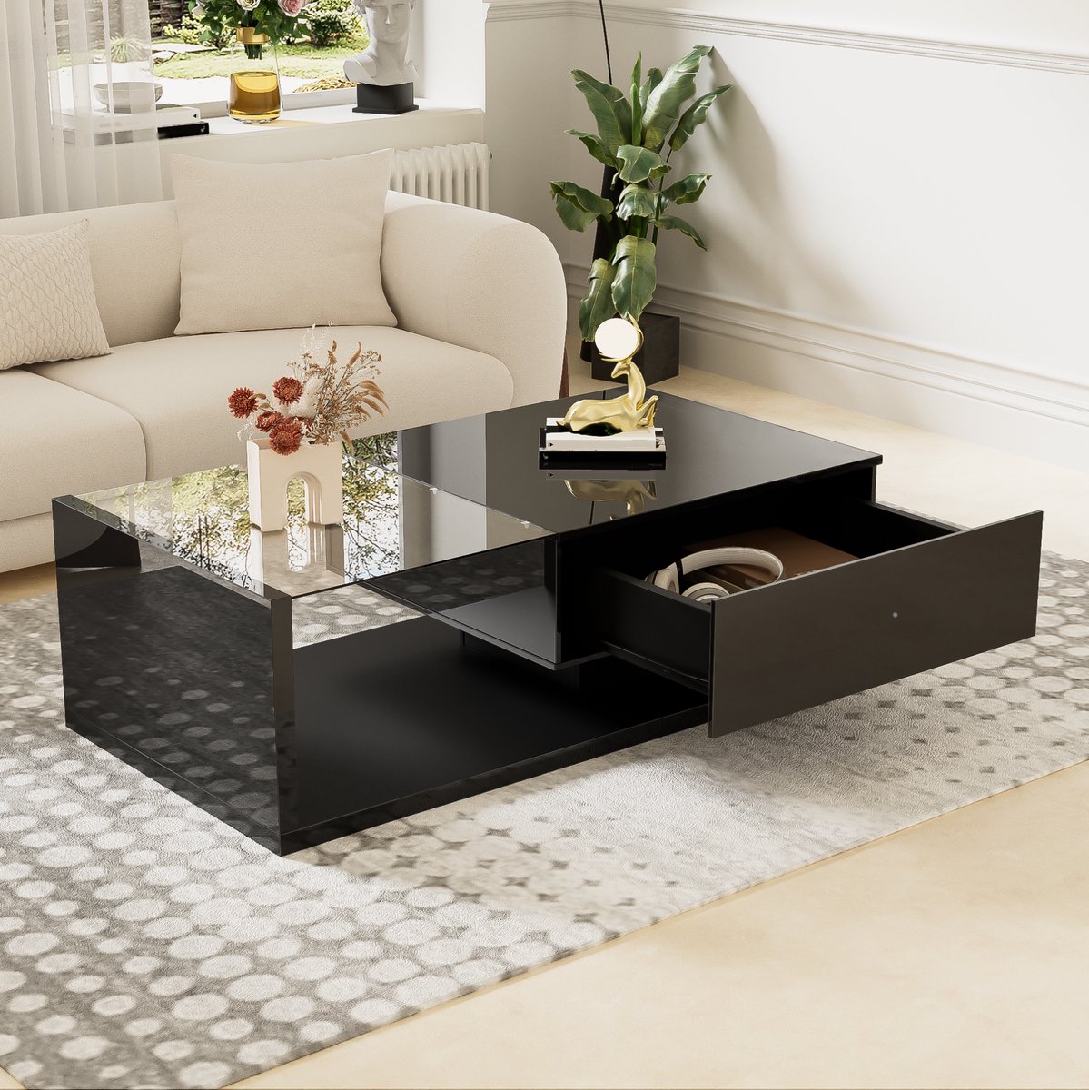 DESMIU Salontafel - Hoogglans Zwart Met Led En Glazen Blad - Modern Voor Woonkamer En Interieur - Spaanplaat - 105x55x32,5 Cm