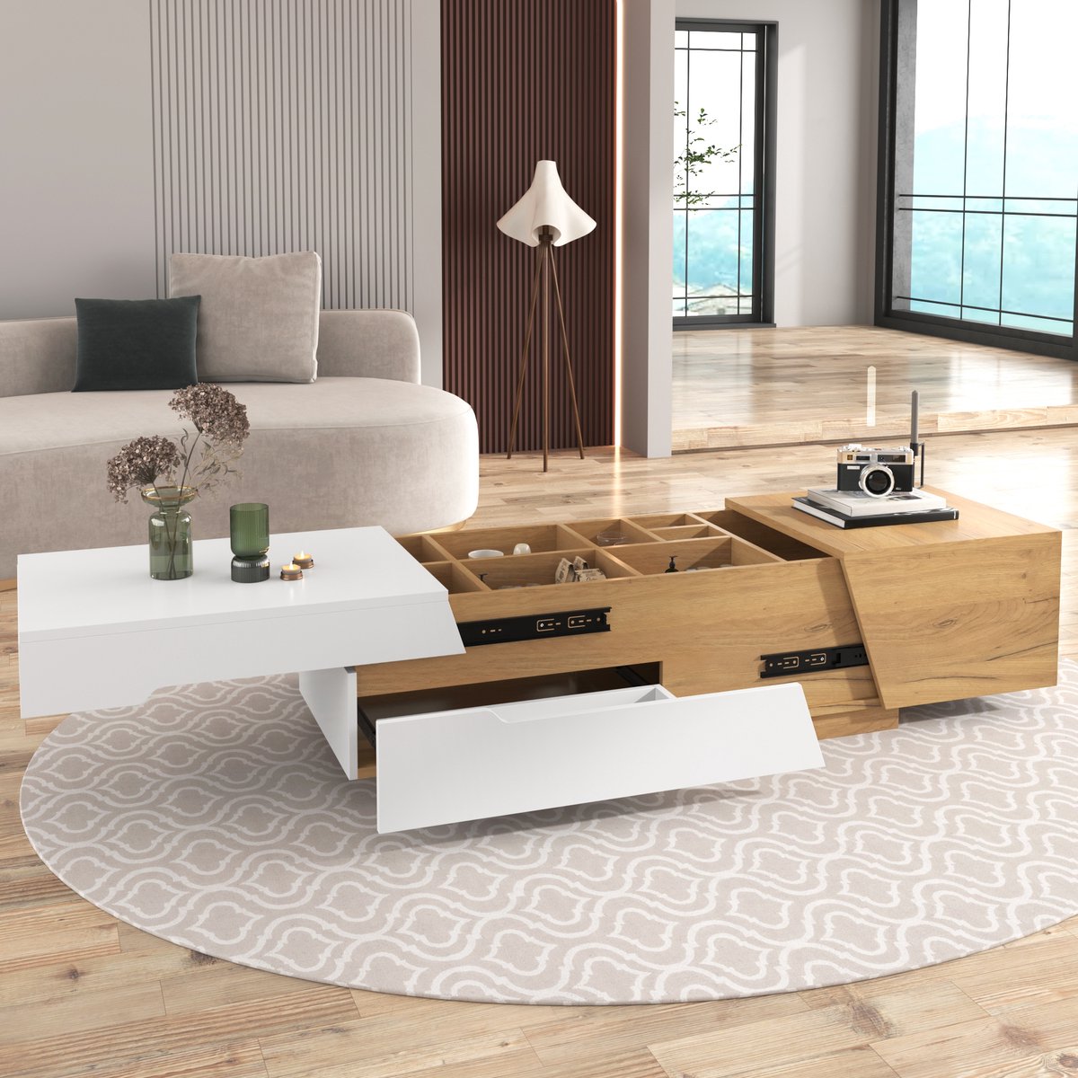 DESMIU Salontafel - Schuiftafel Met Verborgen Opbergruimte En Lade - Modern Voor Woonkamer - MDF - Wit En Naturel - 120x50x37,5 Cm Wit en Houtkleur