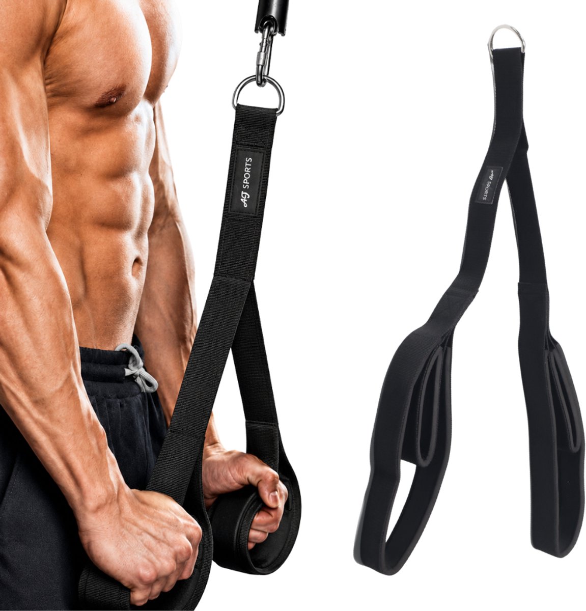 AJ-Sports Triceps Strap - 73 cm - Ergonomische Tricep touw - Tricep Rope - Pull Down - Krachttraining - Biceps - Fitness - Zwart