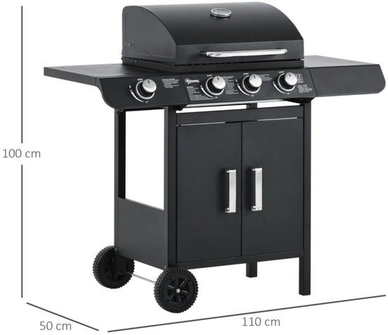 Miryx Gasbarbecue - Grillwagen - Gasgrill - met 4 Branders en 1 Zijbrander, Drukregelaar en Slangen - 110x50x100 cm - Zwart — afbeelding 2
