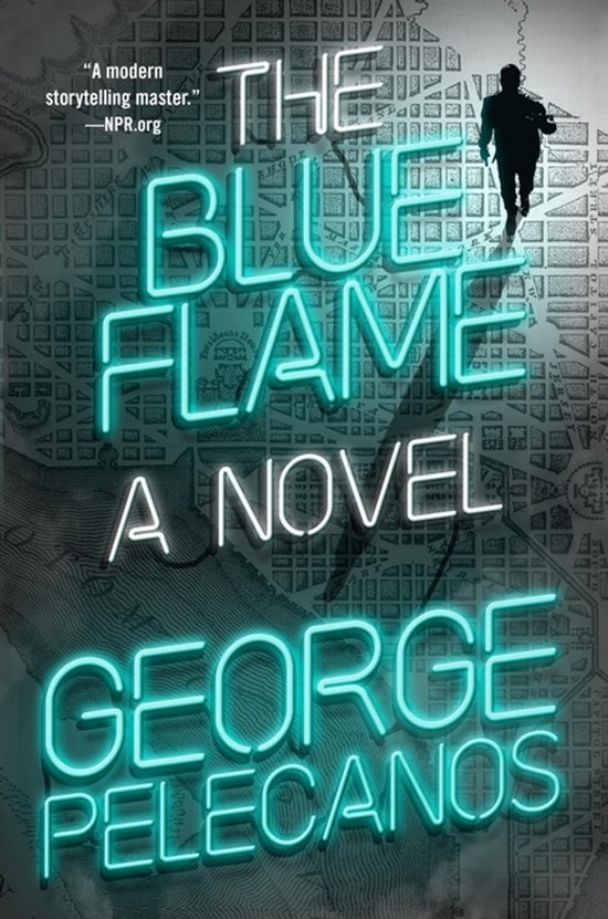 Boekomslag van 'The Blue Flame' met neonletters in turquoise en een schimmige figuur die op een kaart loopt.