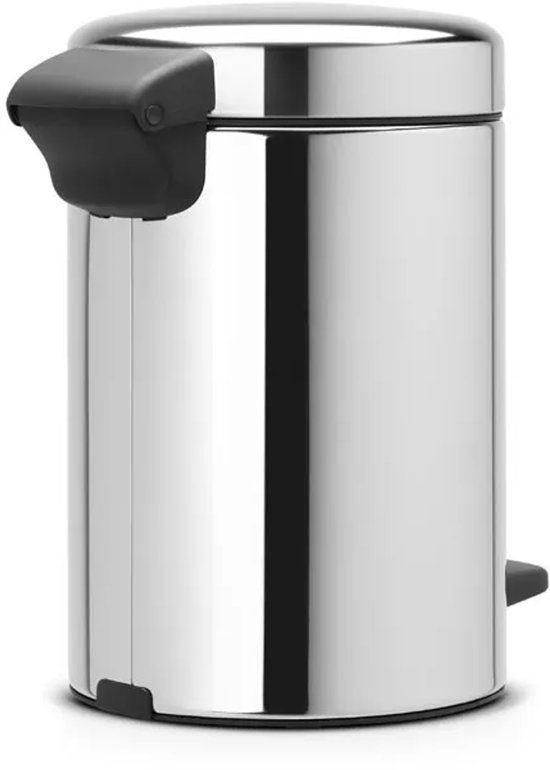 Brabantia NewIcon prullenbak, 3L, briljant staal, met zwarte handgreep en voetpedaal aan de zijkant.