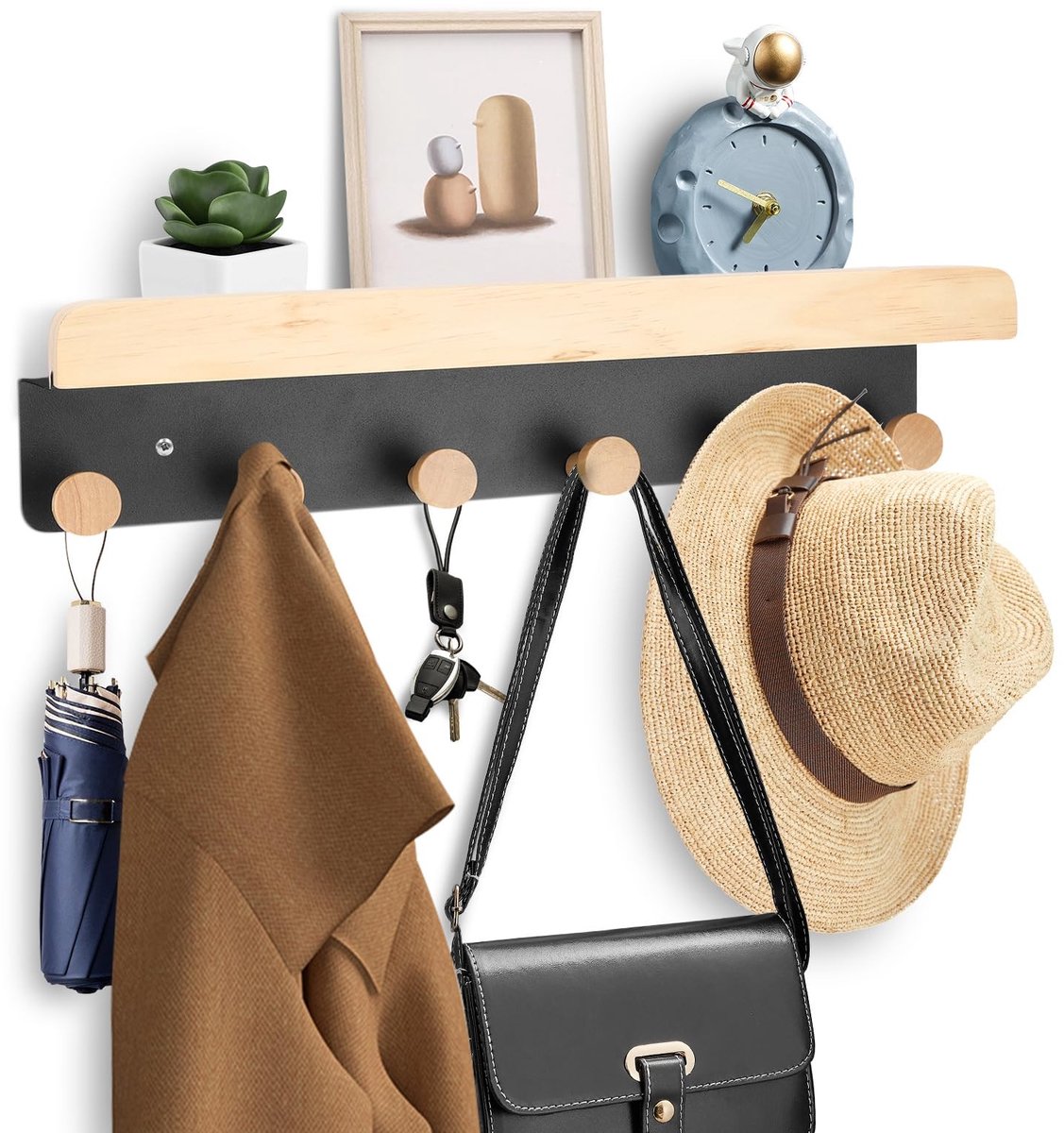 Dailygoods- Sleutelrek Wandrek met Haken - Houten Sleutelhouder - Muurbeugel voor Entree - 6 Houten Haken - Ruimtebesparend - 39 x 8 x 9 cm