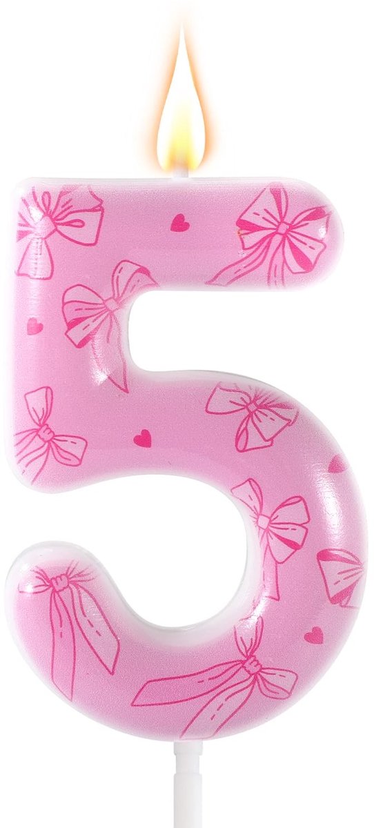 Dailygoods- Verjaardagskaars Roze Strik - Cijferkaars 5 - Taarttopper - Feestdecoratie - Jubileumdecoratie - Hoogwaardige Was 6x4cm