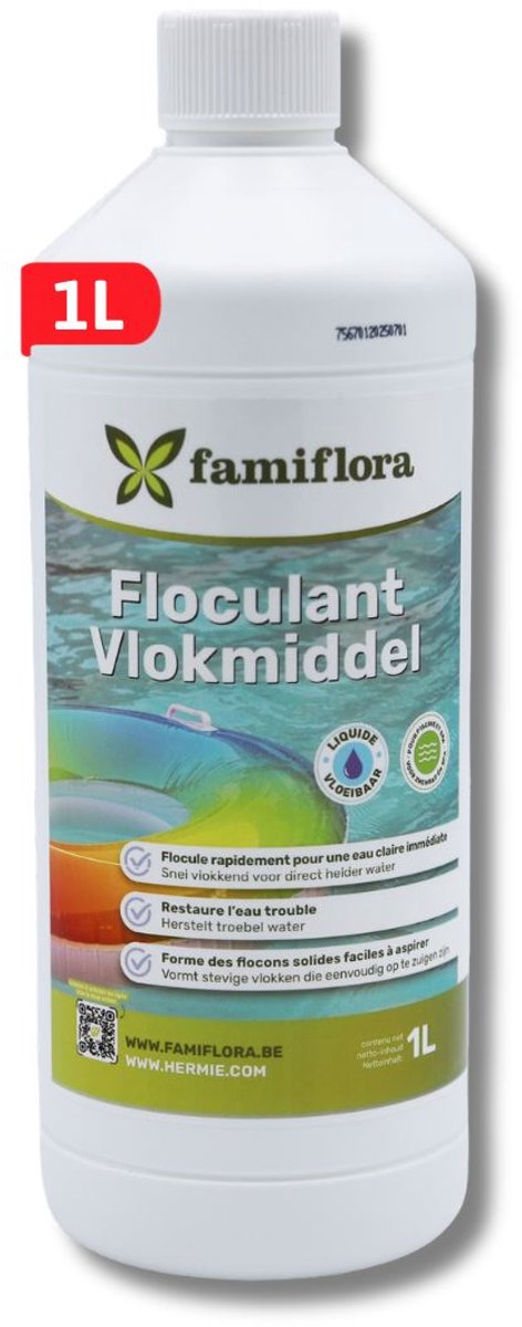 Famiflora Vlokmiddel vloeibaar 1L - vloeibare flocculant voor kristalhelder water! - Vlokt vuil samen zodat je het makkelijk kan verwijderen en water direct helder is