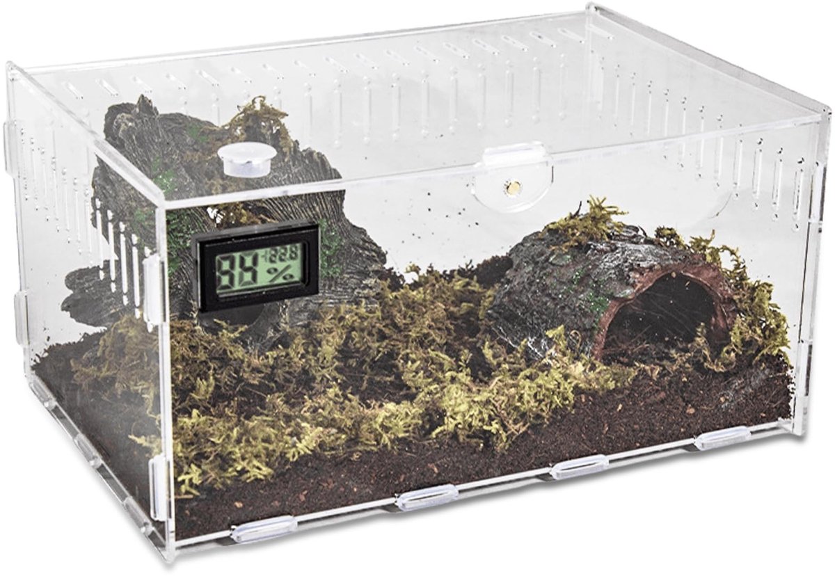 Dailygoods- Terrarium 30x20x15 cm - Acryl Terrarium voor Reptielen/Slakken - Draagbare Voederbox - Geïntegreerde Temperatuur/Luchtvochtigheidsmeter - Duurzaam en Veilig - Dierenverblijf