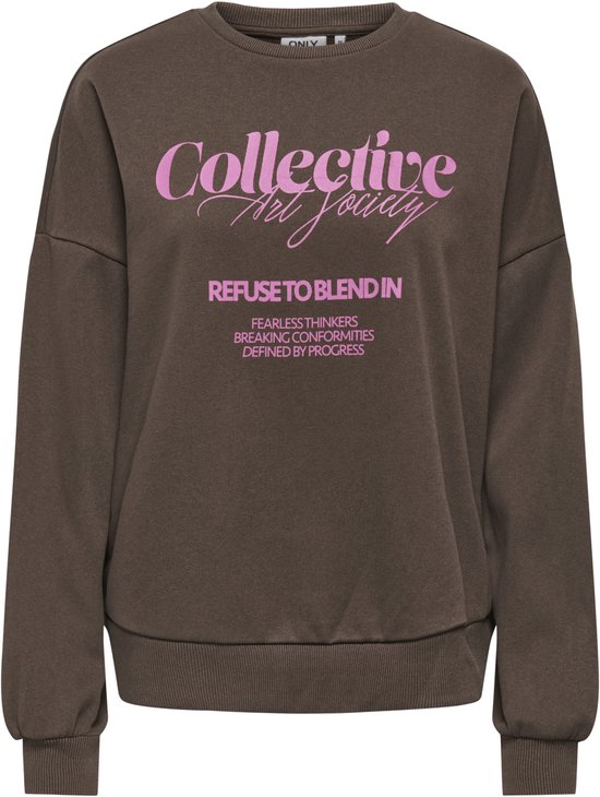 Donkerbruine sweater met lange mouwen, ronde hals en opdruk 'Collective Art Society' en 'REFUSE TO BLEND IN'.