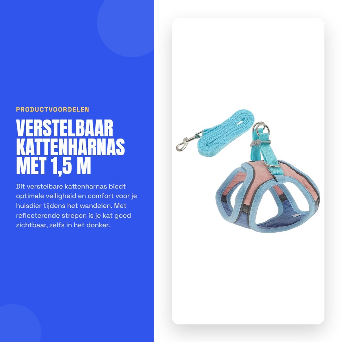 Dailygoods- Kattenharnas met 1,5 m lijn - Verstelbaar - Antiontspanning - Reflecterende strepen - Duurzaam - Lichtgewicht