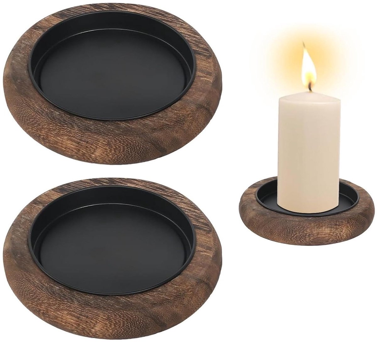 Dailygoods- Kaarsenbord Hout - 2 Stuks - 10 cm Diameter - Kaarsenonderzetters - Stompkaarsen - Natuurlijke Look - Massief Hout - Kandelaar