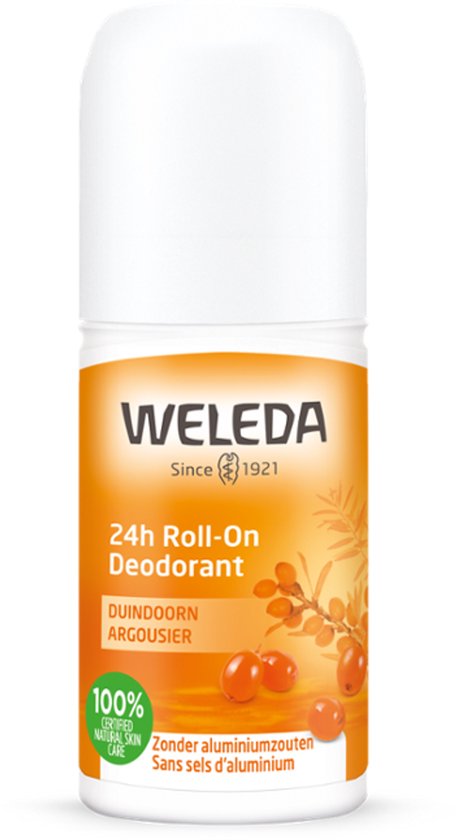 Weleda 24h Roll-On Deodorant Duindoorn Argousier met afbeelding van duindoornbessen en groene cirkel.