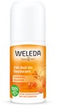Weleda 24h Roll-On Deodorant Duindoorn Argousier met afbeelding van duindoornbessen en groene cirkel.