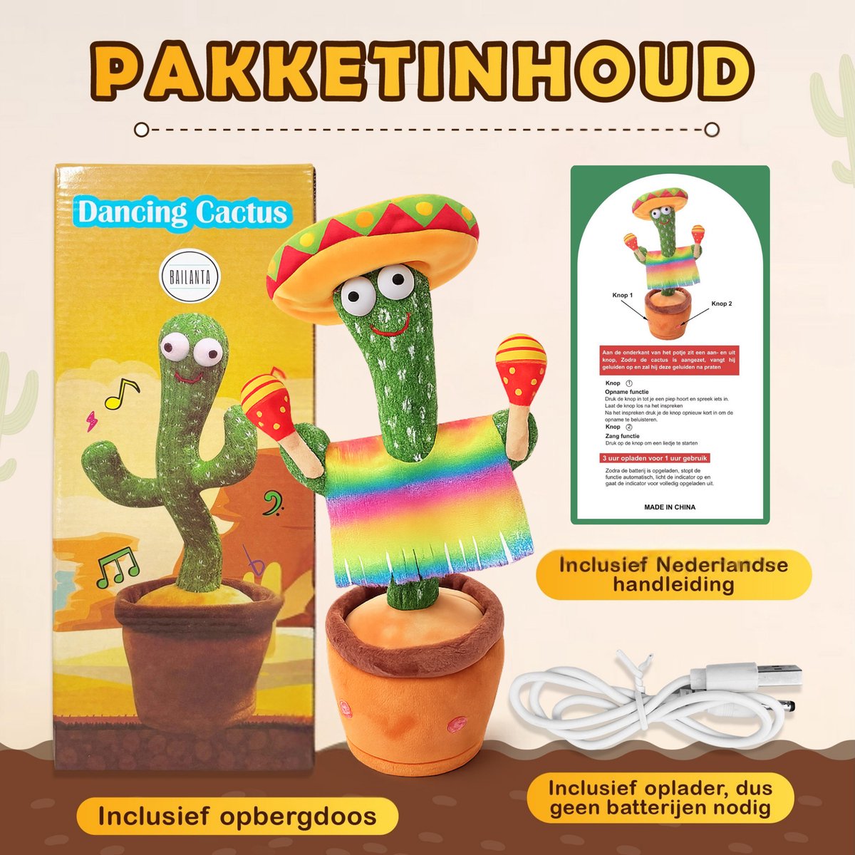 Bailanta® Dansende Cactus - Pratende Cactus - Kinder Speelgoed - Interactieve Knuffel - Nederlandse Handleiding - Pratende Knuffel – Cactus Speelgoed – USB Opladen – Geeft Licht – Met Mexicaanse Outfit – 120 Liedjes - Zingende Cactus - Perfect Cadeau — afbeelding 7