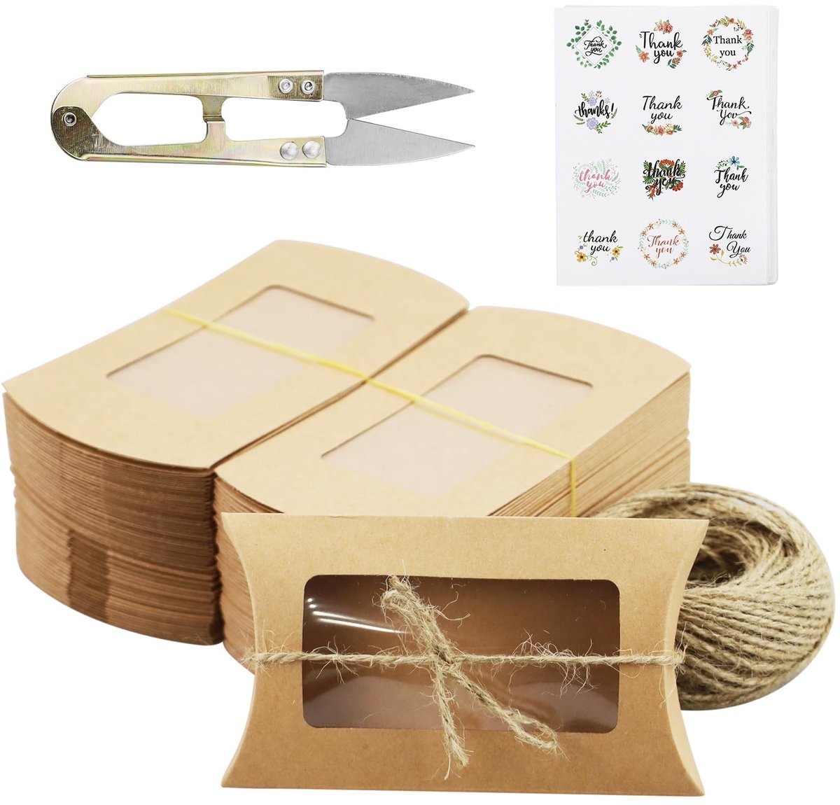 Dailygoods- Geschenkdozen 50PCS - Kussendozen met Deksel - Kraftpapier - Eenvoudige Montage - Jute Koord - Bruin - Voor Verjaardag/Jubileum - Cadeaudozen