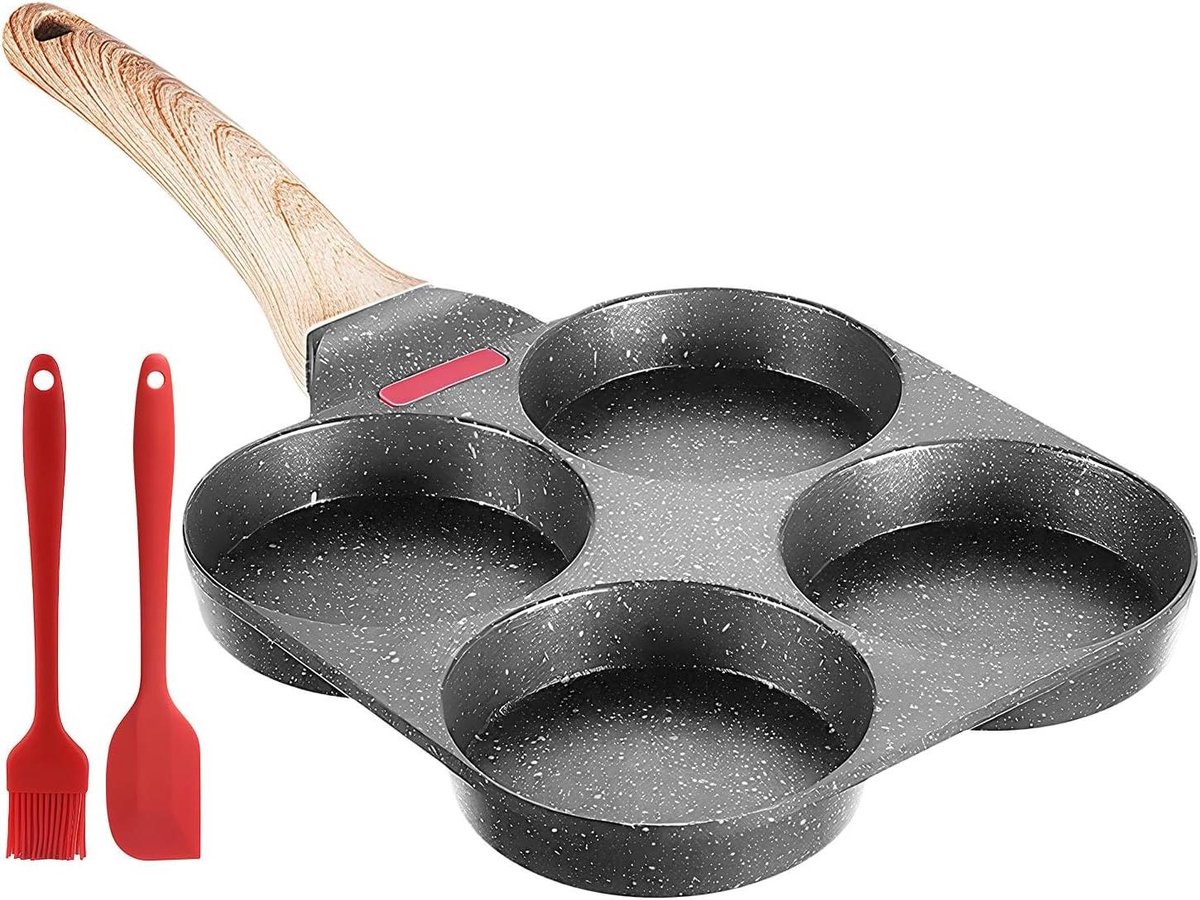 Pannenkoekenpan Vier Gaten - Ontbijtpan Braadpan - Snel Ontbijt Maken - Met Temperatuur Sensor - 18.5 x 38 cm - Zwart