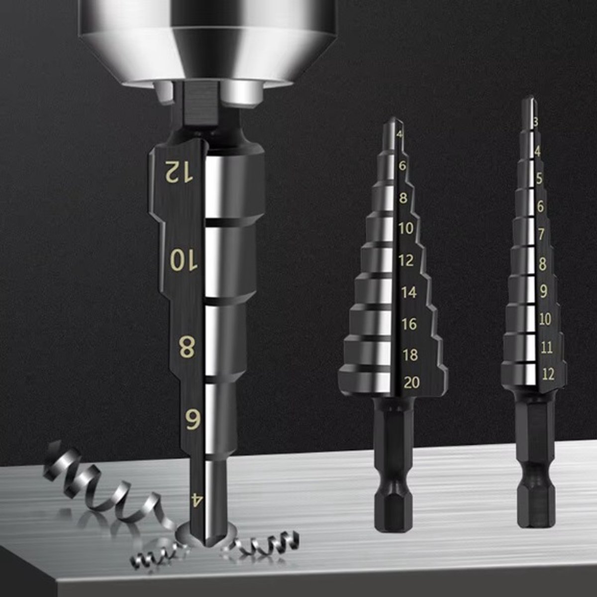 Kronwald HSS trapborenset - trappenboorset - stappenboor 3-delig - 3-12mm 4-12mm 4-20mm Nitride zwart met hex aansluiting - gatenboorset