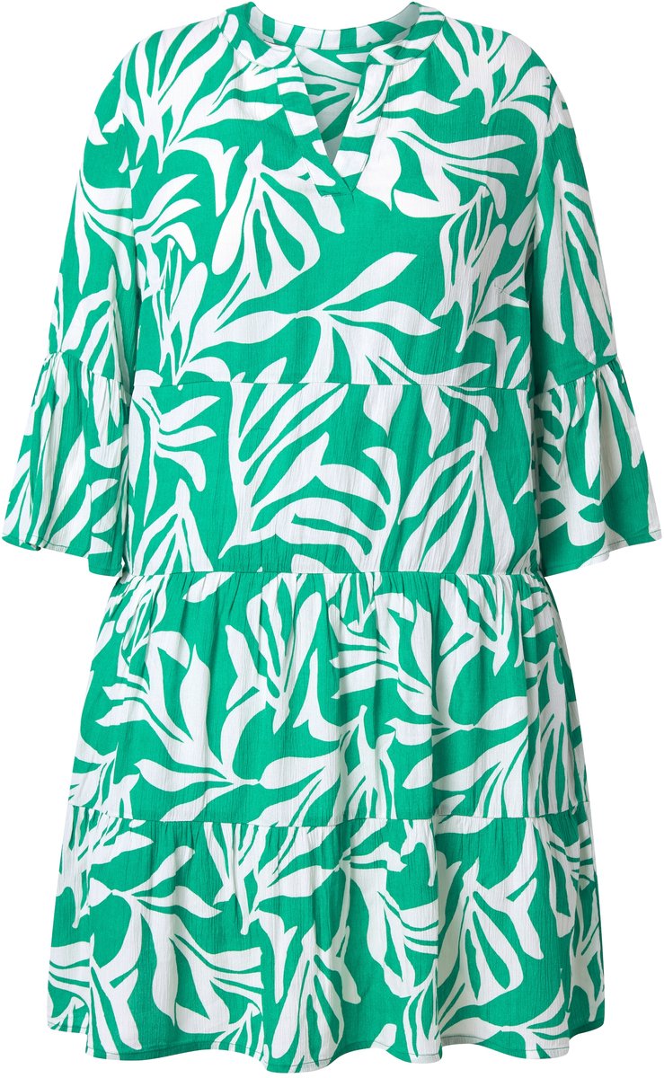 Ulla Popken - Dames - Midi-jurk A-lijn V-hals 3/4-mouwen - Zomergroen - Maat 50+