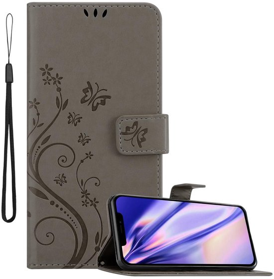 Cadorabo Hoesje geschikt voor Apple iPhone 12 / 12 PRO in BLOEMEN GRIJS - Beschermhoes in bloemmotief met magnetische sluiting, standfunctie en kaartsleuven Book Case Cover Etui
