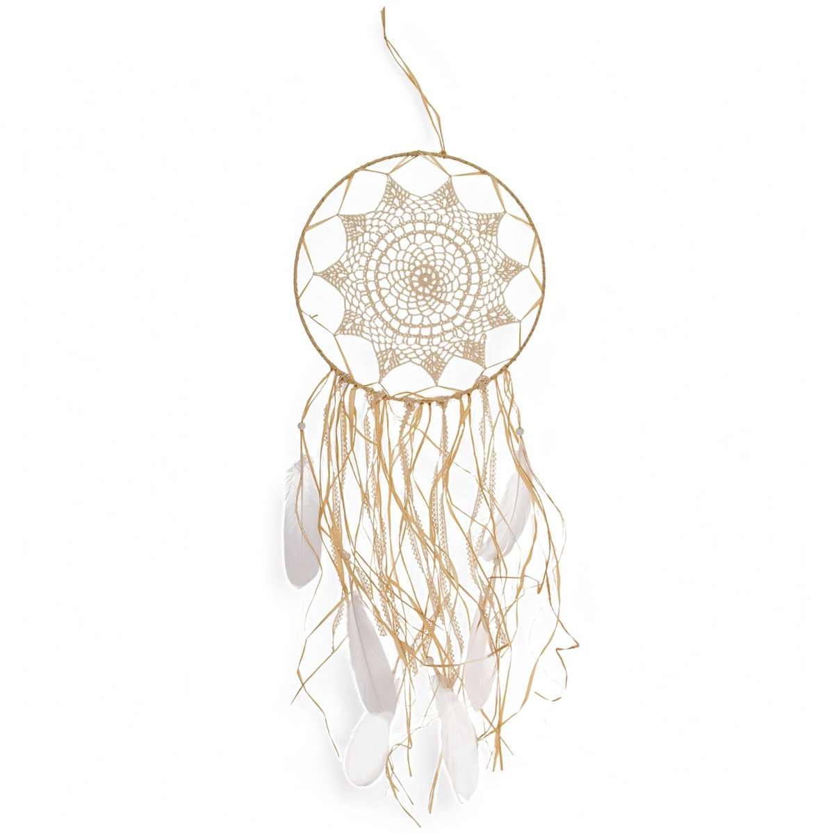 Dailygoods- Dromenvanger handgemaakt - Boho-decoratie - Crème met veren - Natuurlijke materialen - Afmeting ca. 67 x 30 cm - Harmonieuze blikvanger - Wanddecoratie