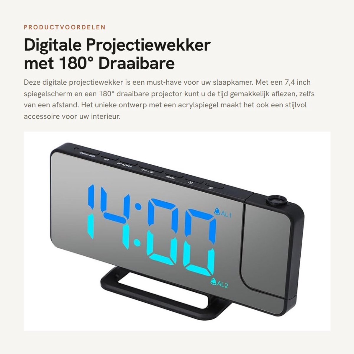Dailygoods- Projectiewekker 7,4 Inch - Digitale Klok - Draaibare Projector - LED-display - Helderheidsdimmer - Spiegelscherm met Make-upfunctie - Wekker