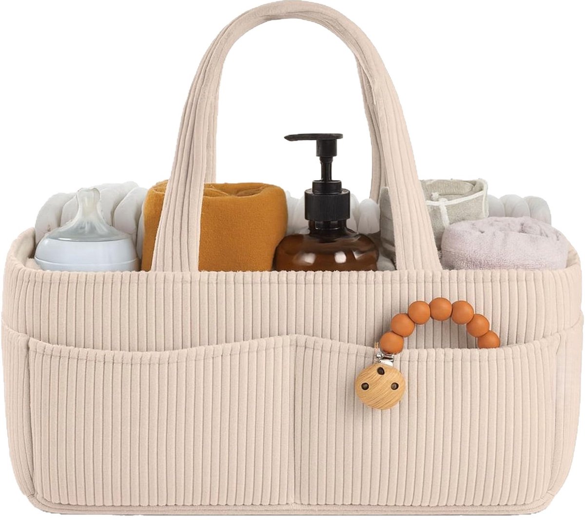 Luierorganizer voor de commode – Stijlvolle opbergmand voor babyartikelen; onmisbaar voor pasgeborenen, perfect als kraamcadeau of voor op de geboortelijst; geschikt voor jongens en meisjes; luierorganizer voor in de auto – Corduroy (crème)
