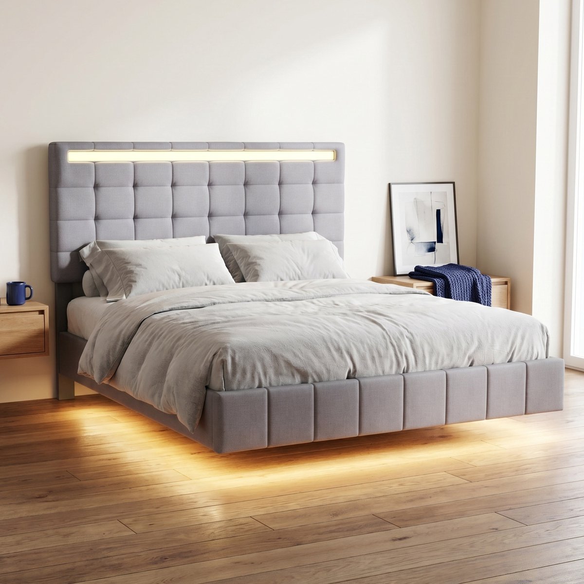 Tweepersoonsbed 140x200 cm - Zwevend Bed met LED-verlichting en 2 USB-poorten - Gestoffeerd Bed van Linnen - Moderne Stijl - Grijs